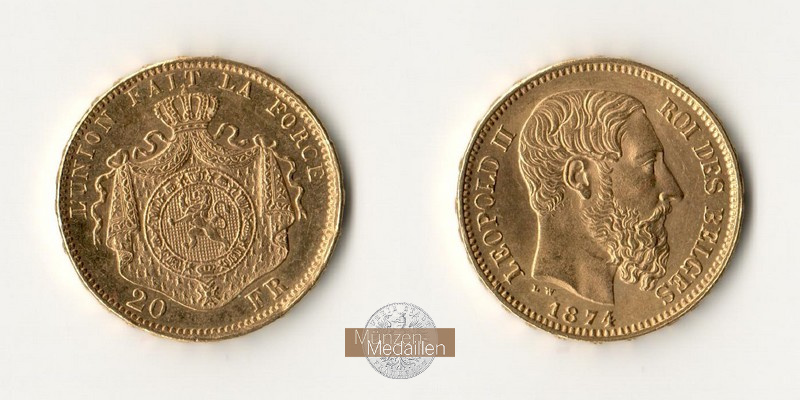 Belgien  20 Francs MM-Frankfurt Feingold: 5,81g Leopold II. 1865 - 1909 1874 