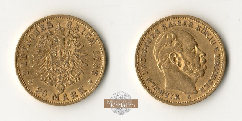 Preussen, Kaiserreich  20 Mark MM-Frankfurt Feingold: 7,17g Wilhelm I. 1861 - 1888 1886 A 