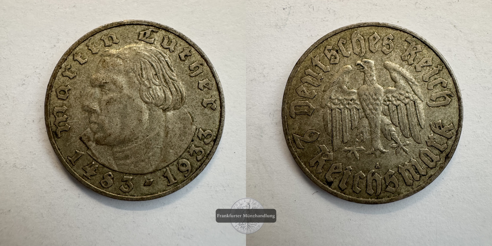  Deutschland Drittes Reich 2 Reichsmark 1933 A Martin Luther FM-Frankfurt KM#79 Feinsilber: 5g   