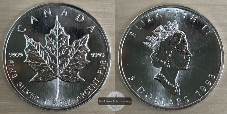  Kanada  5 Dollar 1993  Maple Leaf   FM-Frankfurt    Feinsilber: 31,1g   