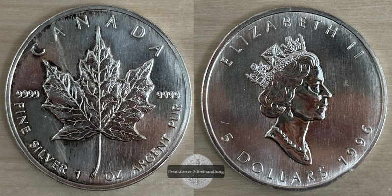  Kanada  5 Dollar 1996  Maple Leaf   FM-Frankfurt    Feinsilber: 31,1g   