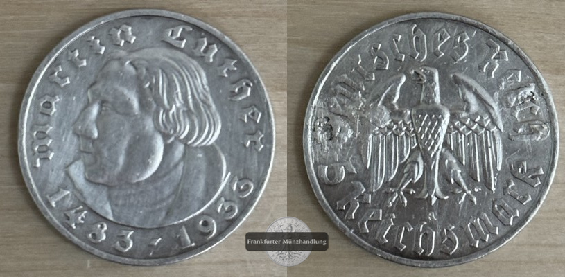  Deutsches Reich , Drittes Reich  5 Reichsmark  1933 A  Martin Luther FM-Frankfurt  Feinsilber: 12,5g   