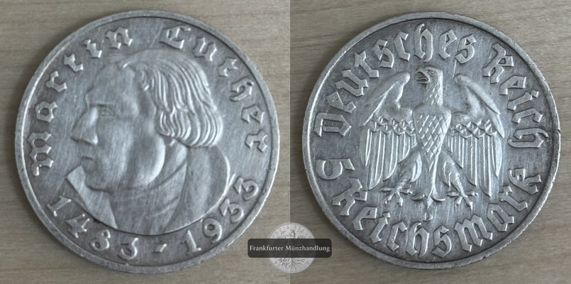  Deutsches Reich , Drittes Reich  5 Reichsmark  1933 D  Martin Luther FM-Frankfurt  Feinsilber: 12,5g   