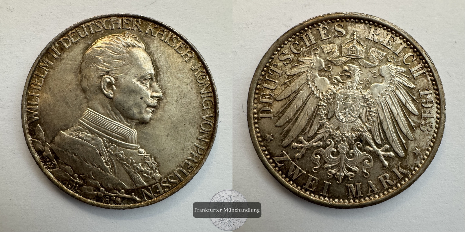  Deutsches Kaiserreich 2 Mark 1913 A Wilhelm II FM-Frankfurt KM#533 Feinsilber: 10g   