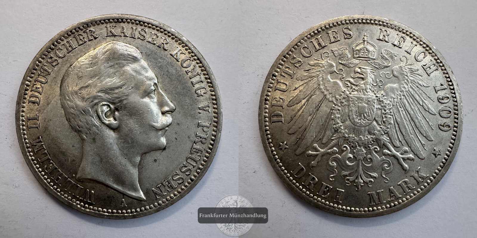  Deutsches Kaiserreich 3 Mark 1909 A Wilhelm II FM-Frankfurt KM#527 Feinsilber: 15g   