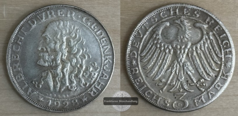  Deutsches Reich, Weimarer Republik 3 Reichsmark  1928 D  Albrecht Dürer FM-Frankfurt Feinsilber:7,5g   