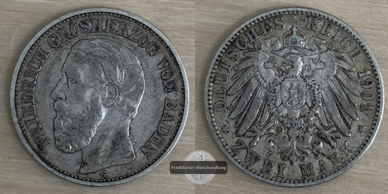  Kaiserreich, Baden  2 Mark  1901 Friedrich I. 1856-1907   FM-Frankfurt   Feinsilber: 10g   