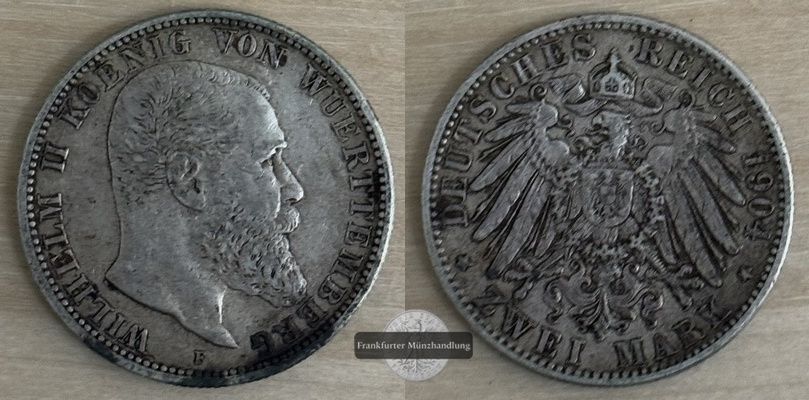  Deutsches Kaiserreich Württemberg, Wilhelm II 2 Mark 1904 F  FM-Frankfurt    Feinsilber: 10g   