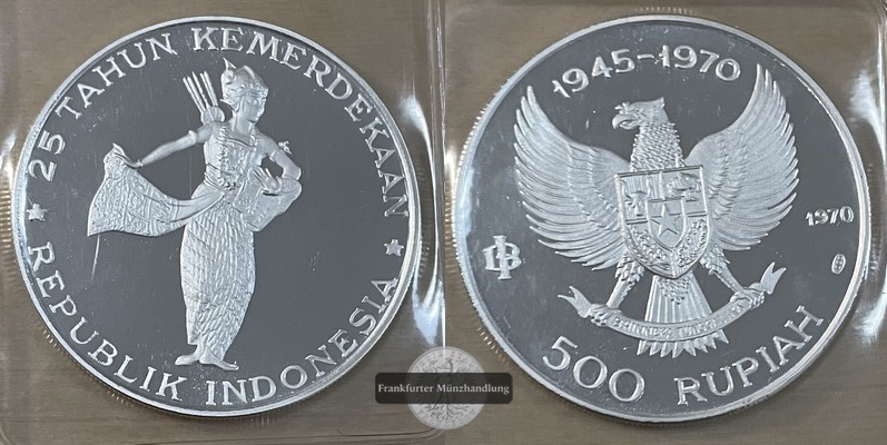  Indonesien  500 Rupiah  1970  FM-Frankfurt/M  Feingewicht: 20g Silber vz aus PP   