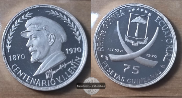  Äquatorialguinea 75 Pesetas 100. Geburtstag v 1970  FM-Frankfurt/M  Feingewicht: 14,985g  Silber  PP   