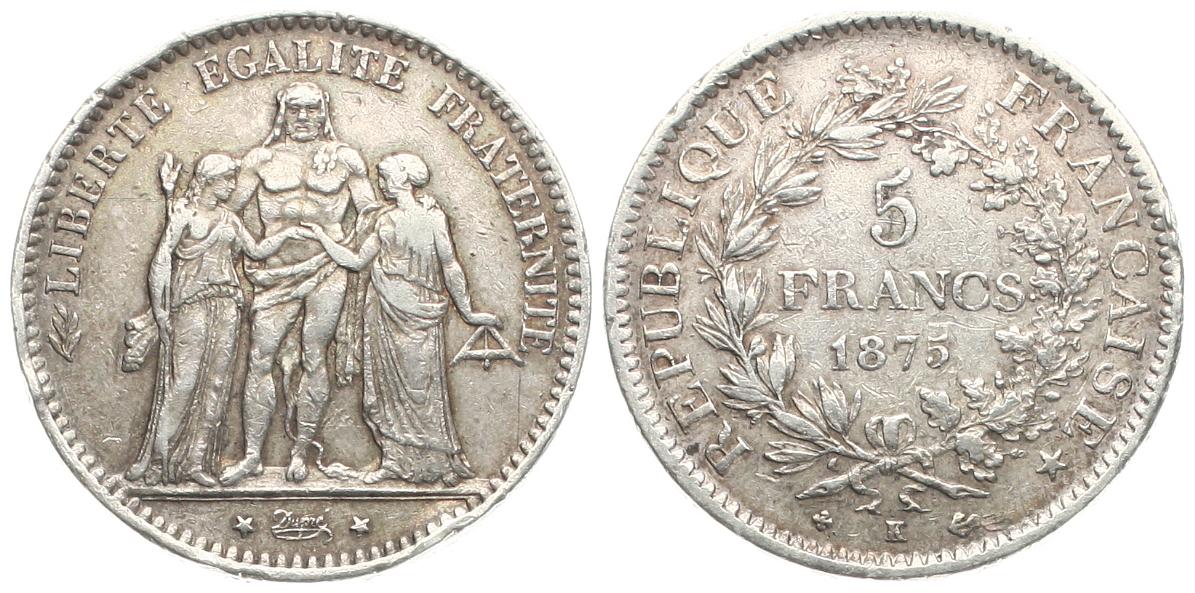  Frankreich: 5 Franc 1875 K, 25 gr. 900er Silber (22,5 gr. fein), schöne alte Patina!   