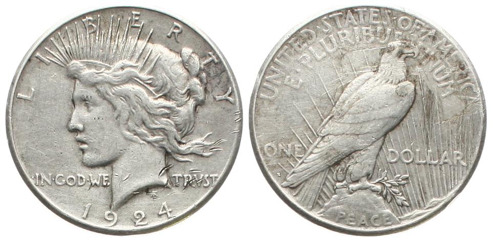  USA: 1 Dollar 1924, Peace Dollar, KM# 150, 26,80 gr. 900er Silber, schöne Patina!   