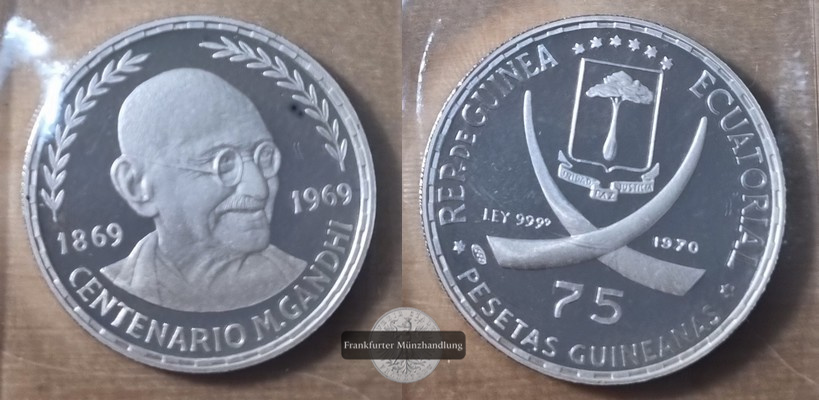  Äquatorialguinea 75 Pesetas 100. Geb. Gandhi 1970  FM-Frankfurt/M  Feingewicht: 14,985g  Silber  PP   