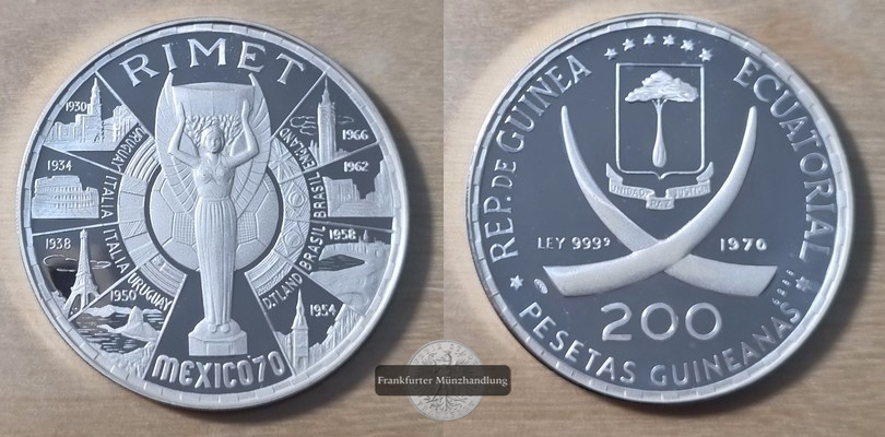  Äquatorialguinea  200 Pesetas  1970  FM-Frankfurt/M  Feingewicht: 40g  Silber  PP (Patina)   