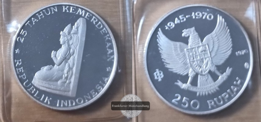  Indonesien  250 Rupiah  1970  FM-Frankfurt/M  Feingewicht: 9,99g Silber vz aus PP   