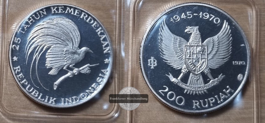  Indonesien  200 Rupiah  1970  FM-Frankfurt/M  Feingewicht: 7,992g Silber vz aus PP   