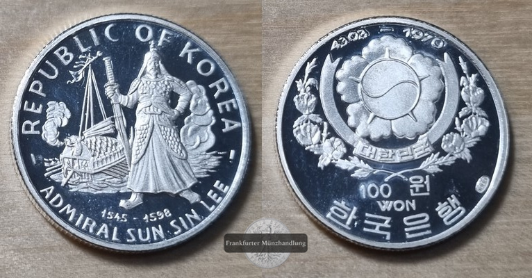  Südkorea 100 Won 1970 Admiral Sun Sin Lee - FM-Frankfurt  Feinsilber: 5,59g - VZ   