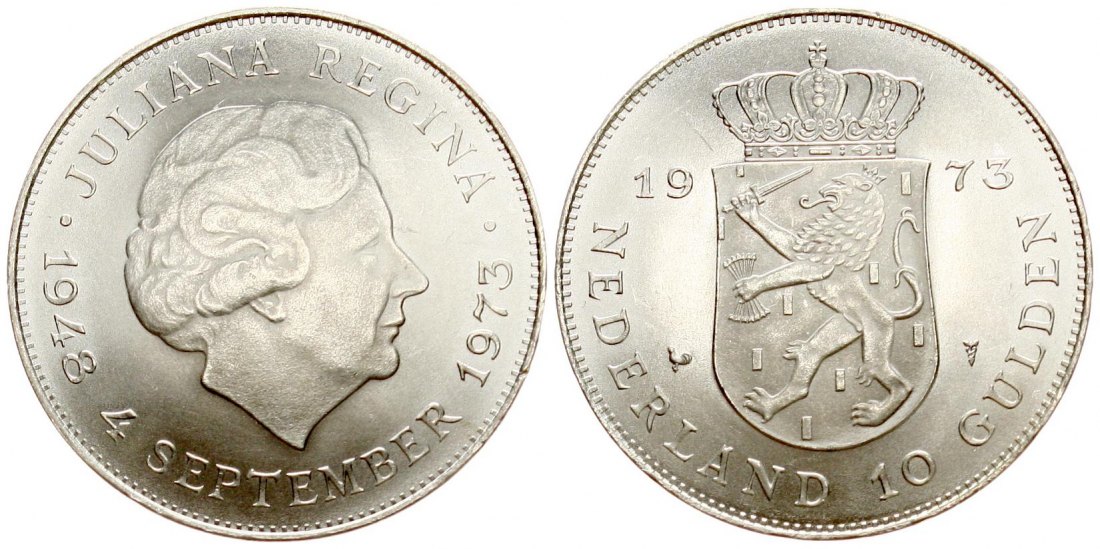  Niederlande: Juliana, 10 Gulden 1972, 25 gr- 720er Silber (18 gr. fein), TOP-ERHALTUNG!   