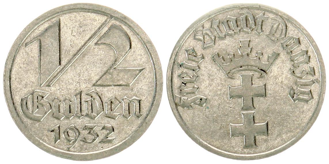  Danzig: 1/2 Gulden 1932, Silber, TOP-Exemplar, siehe Bilder!   