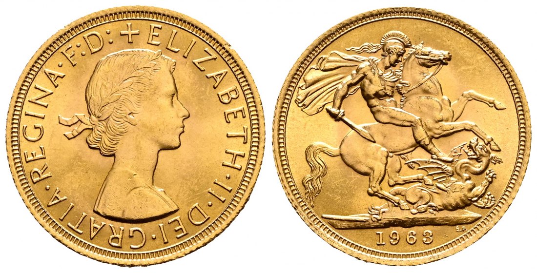 PEUS 2306 Grossbritannien 7,32 g Feingold. Elizabeth II. (1952 - 2022) Sovereign GOLD 1963 Fast Stempelglanz