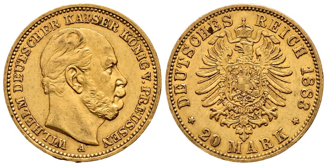 PEUS 2308 Kaiserreich - Preußen 7,16 g Feingold. Wilhelm I. (1861 - 1888) 20 Mark GOLD 1883 A Berlin Sehr schön