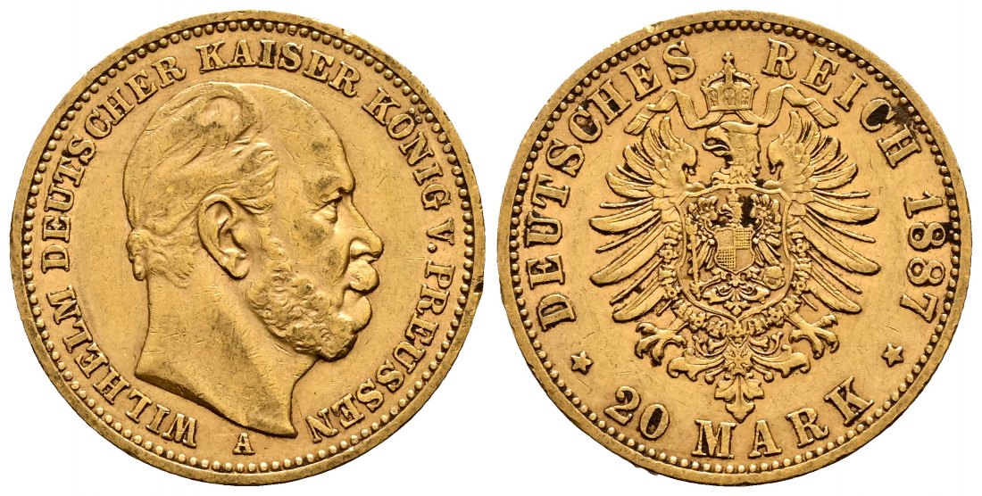 PEUS 2309 Kaiserreich - Preußen 7,16 g Feingold. Wilhelm I. (1861 - 1888) 20 Mark GOLD 1887 A Berlin Sehr schön