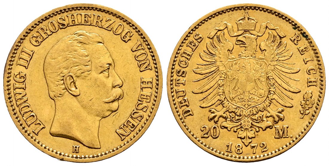 PEUS 2311 Hessen - Kaiserreich 7,16 g Feingold. Ludwig III. (1848 - 1877) 20 Mark GOLD 1872 H Darmstadt Sehr schön