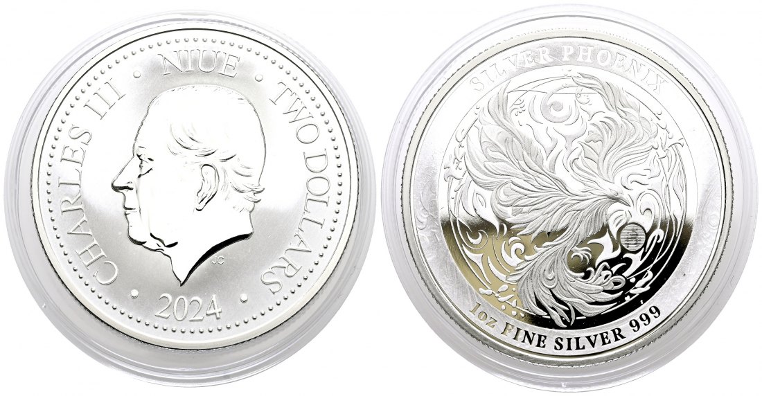 PEUS 2312 Niue 31,1 g Feinsilber. Silver Phoenix 2 Dollars SILBER Unze 2024 Proof (Kapsel)