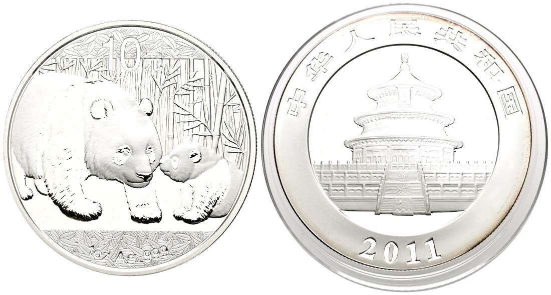 PEUS 2313 China Volksrepublik 31,1 g Feinsilber. Pandamutter und Kind 10 Yuan SILBER Unze 2011 Proof (Kapsel)