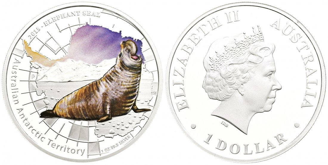 PEUS 2316 Australien 31,1 g Feinsilber. Australian Antarctic Territory - Seeelefant Dollar SILBER 2015 P Proof (Kapsel)