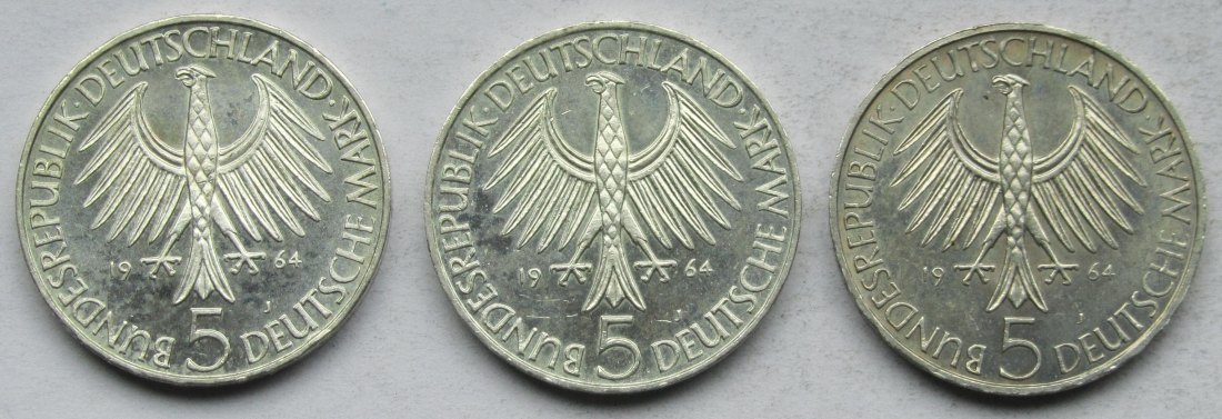  Deutschland: 5 DM Fichte 1964, 3 Stück   