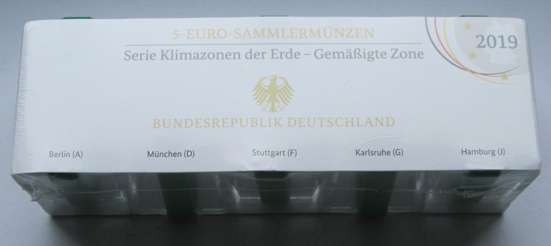  Deutschland: 5 Euro Gemäßigte Zone 2019, Satz in Spiegelglanz (PP)   