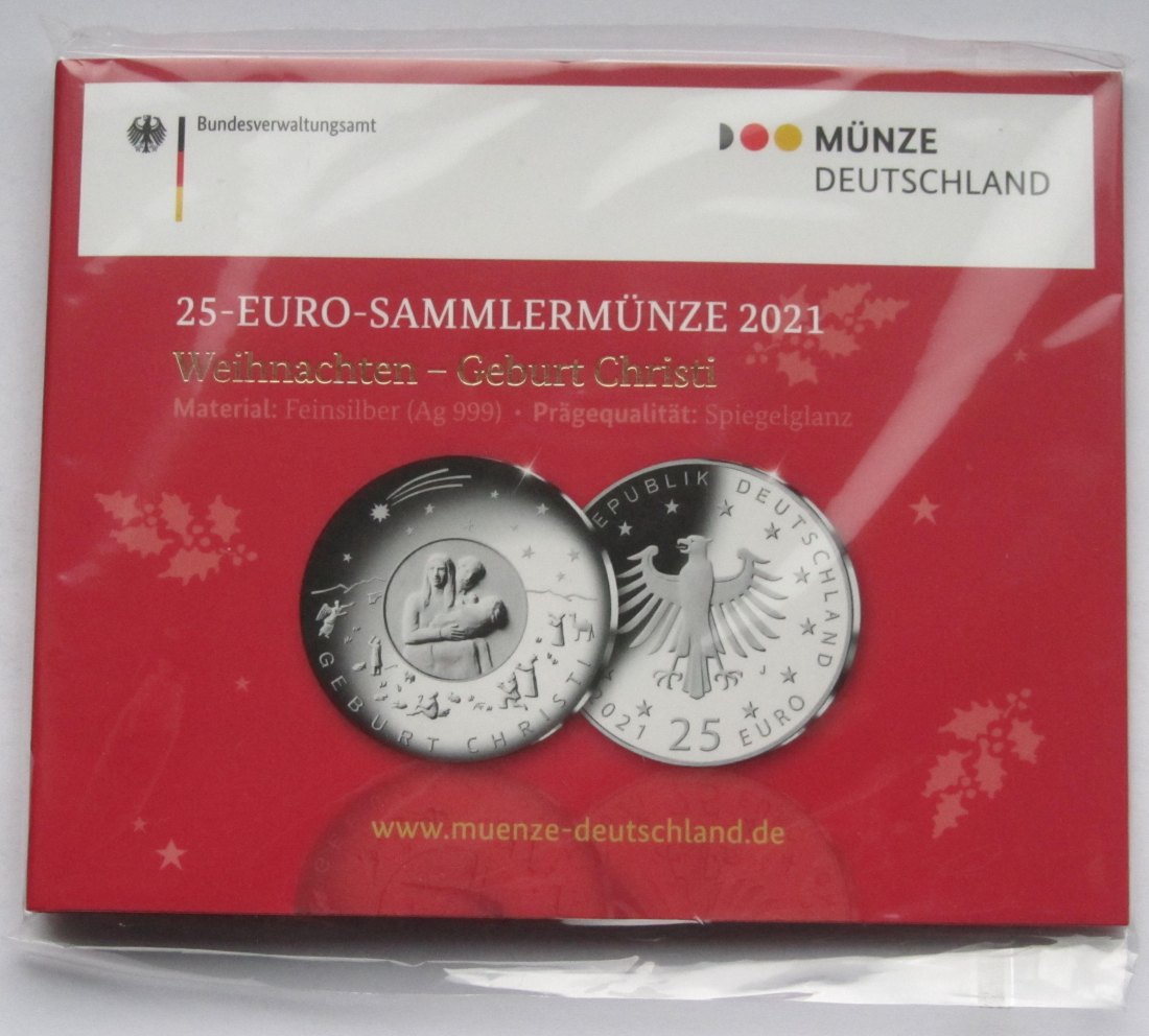  Deutschland: 25 Euro Geburt Christi 2021 J, Spiegelglanz/PP   