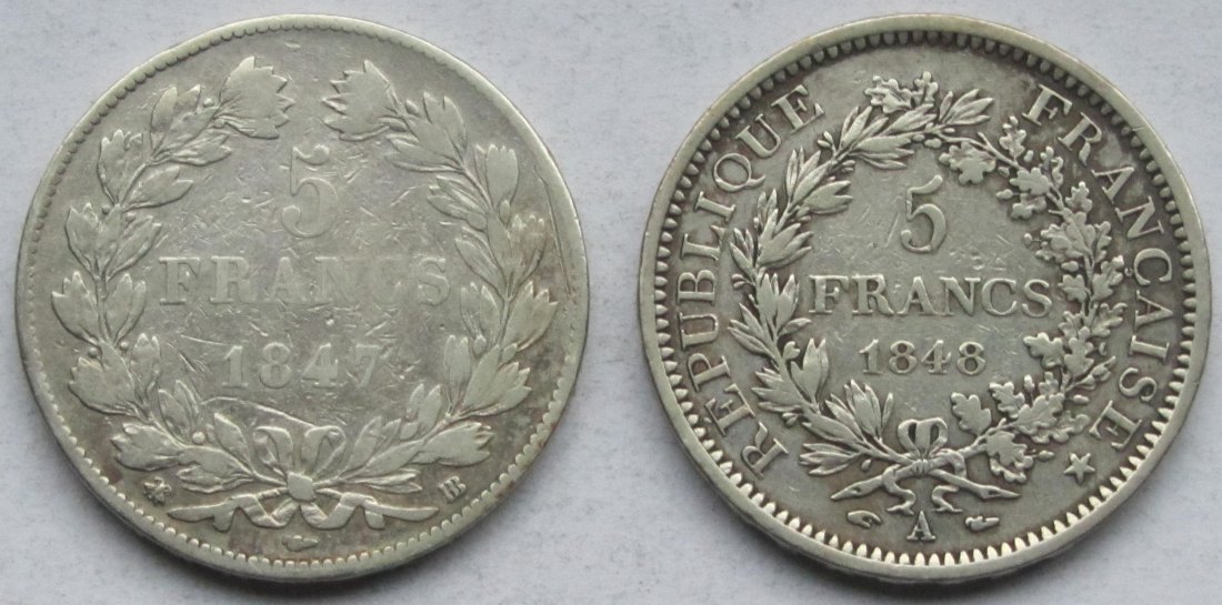  Frankreich: 5 Francs 1847 BB + 1848 A   