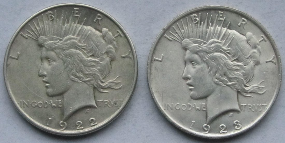  USA Vereinigte Staaten: 1 Dollar (Peace-Dollar), 2 Stück (1922 + 1923)   