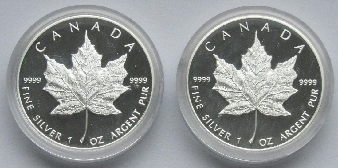  Kanada: Silberunze Maple Leaf 1989 in Proof/PP, 2 Stück   