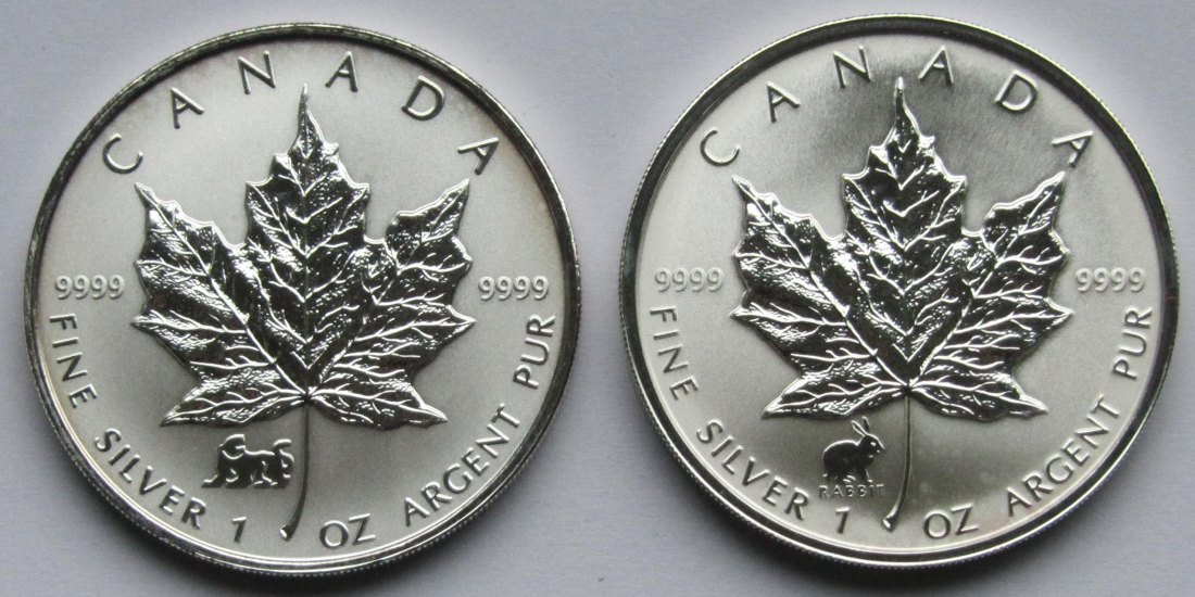  Kanada: Zwei Silberunzen Maple Leaf mit Privy Marks Tiger + Hase, 1998 + 1999   