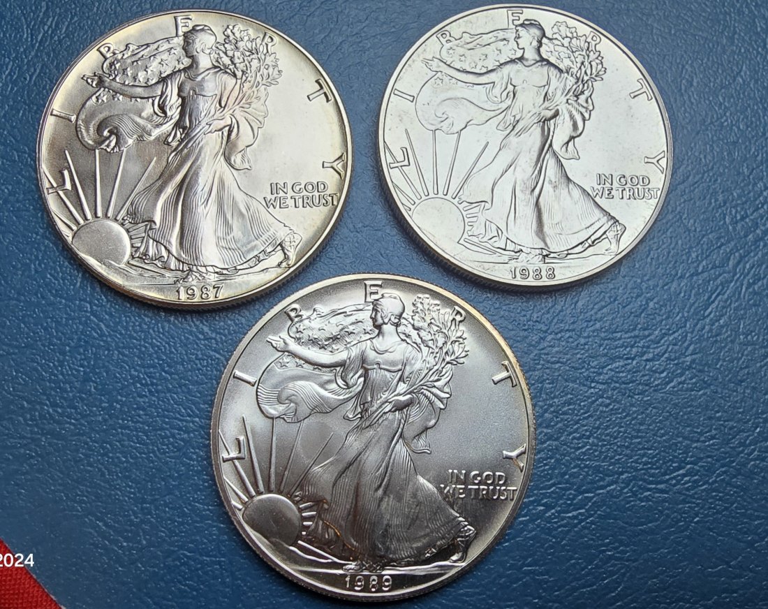  Silver Eagle USA. 3 Stk. Jahrgänge 1987, 1988 und 1989. 3 oz Feinsilber (93,3 g)   