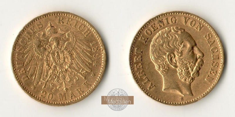 Sachsen, Kaiserreich  20 Mark MM-Frankfurt Feingold: 7,17g Albert 1873-1902 1894 E 