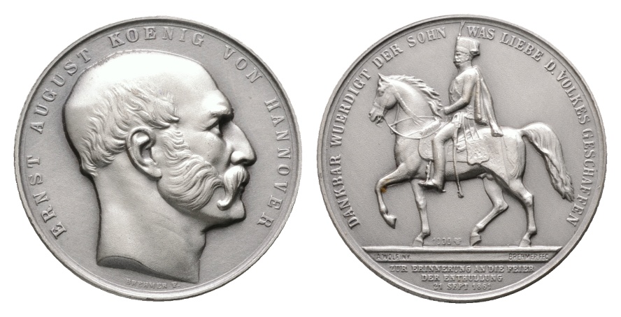  Medaille; Hannover, Feier der Enthüllung 21 Sept 1861; Nachprägung, silber; 25,78 g; Ø 40,13 mm   