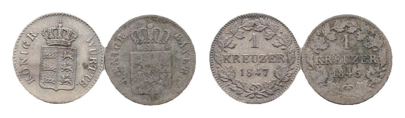  Altdeutschland; Württemberg, Bayern; 2 Kleinmünzen 1847 / 1845   