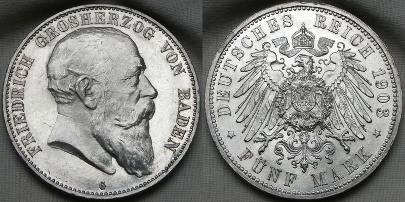  Baden 5 Mark 1903 Friedrich I. - Kursmünze J.33 in vz-st !! Erhaltung !!!   