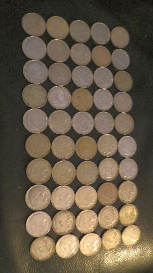  50 x 2 Reichsmark, 625er Silber, 5 Gramm Silber pro Münze,insgesamt 250 Gramm Silber   