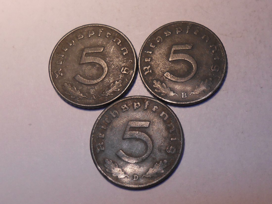  M.505 Drittes Reich, 3er Lot, 5 Reichspfennig mit HK (Jäger 370), 1940 A, 1940 B, 1940 D   