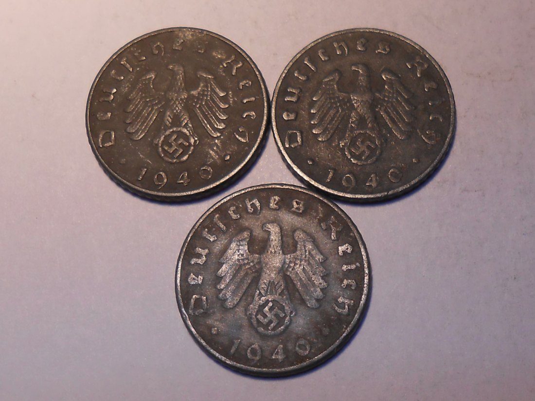  M.505 Drittes Reich, 3er Lot, 5 Reichspfennig mit HK (Jäger 370), 1940 A, 1940 B, 1940 D   