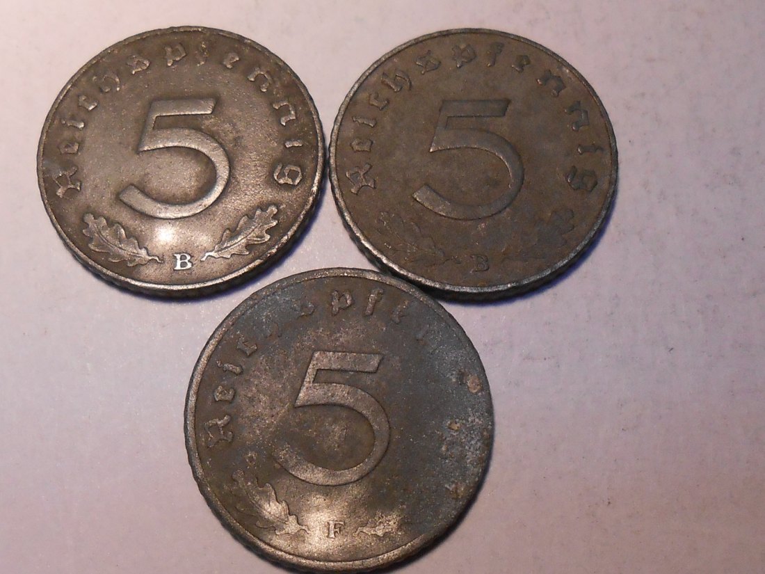  M.506 Drittes Reich, 3er Lot, 5 Reichspfennig mit HK (Jäger 370), 1940 B, 1941 B und 1942 F   