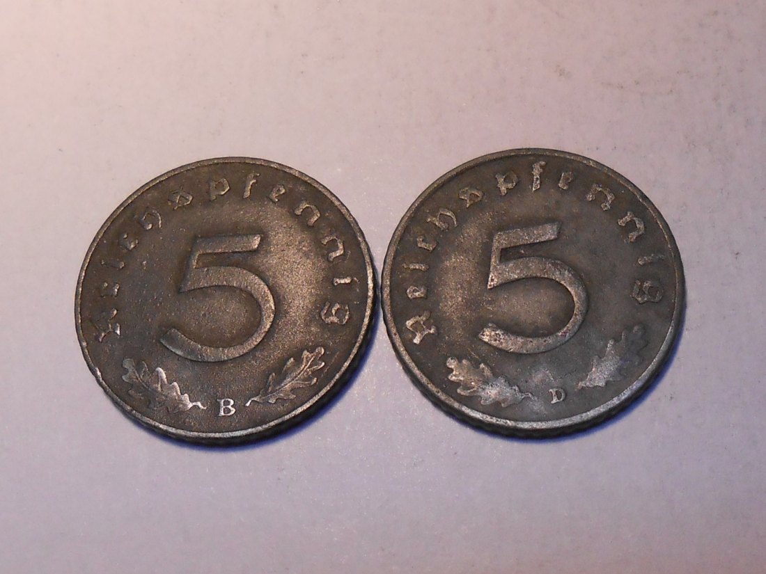  M.508 / Drittes Reich, 2er Lot, 5 Reichspfennig mit HK (Jäger 370), 1940 B und 1944 D   