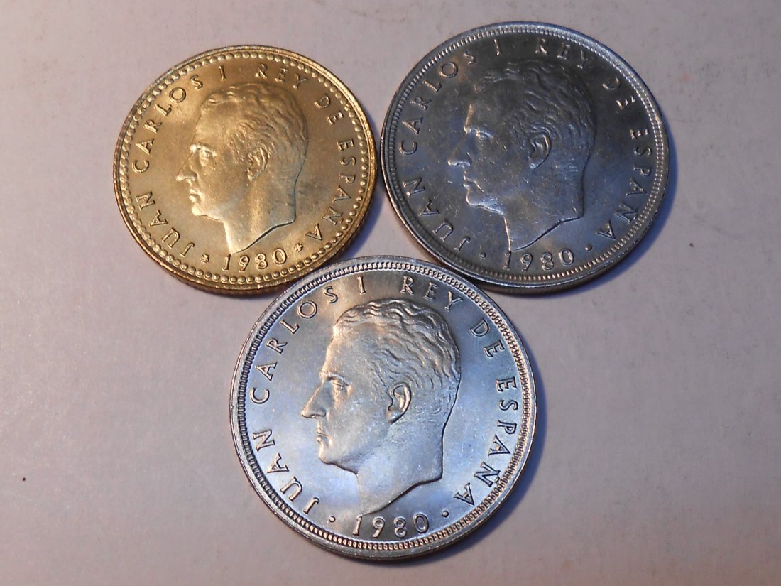  M.171. Spanien 3er Lot, 1 Peseta 1980, 5 Pesetas 1980 , 5 Pesetas 1980   