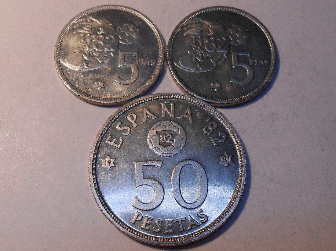  M.174. Spanien 3er Lot, 1 Peseta 1980, 5 Pesetas 1980, 50 Pesetas 1980   