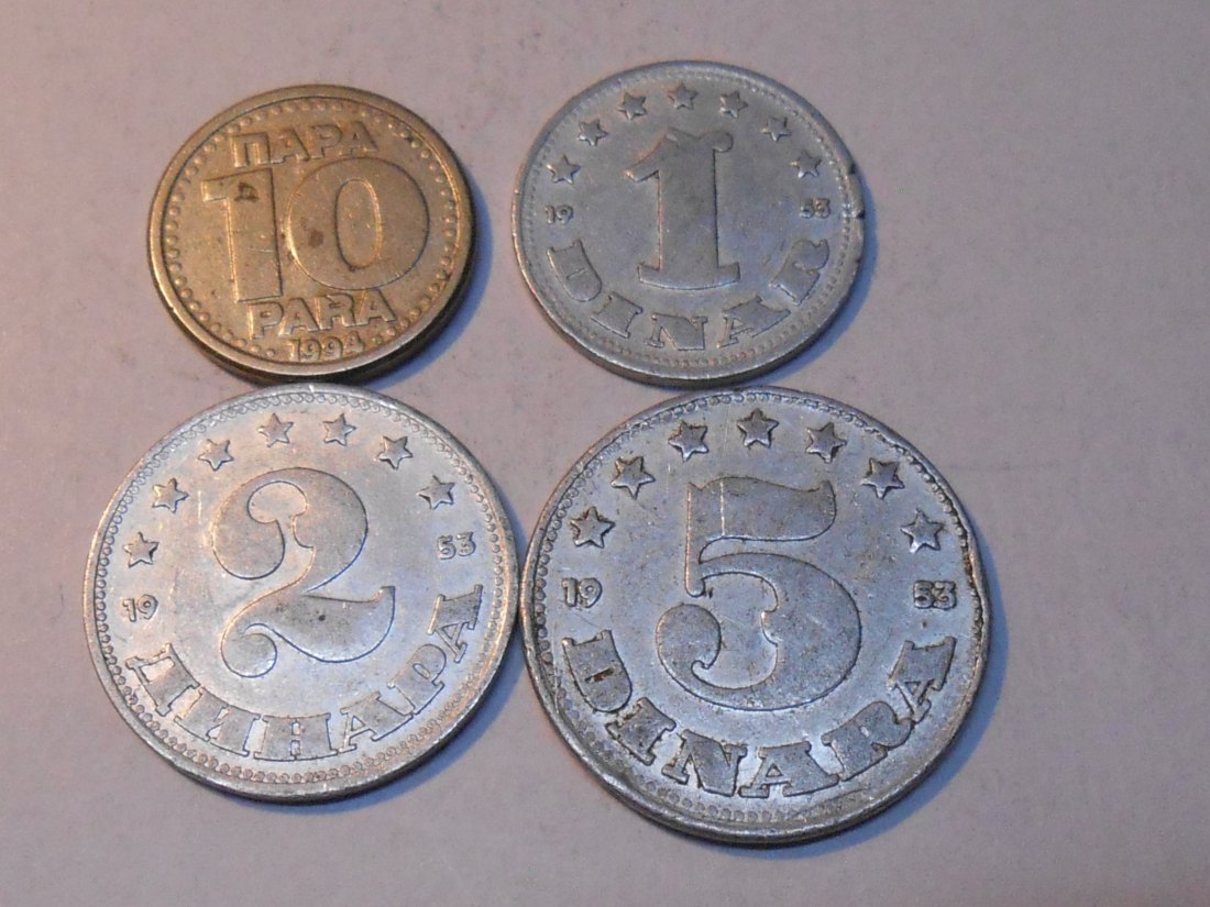  M.177. Jugoslawien 4er Lot, 10 Para 1994, 1 Dinar 1953, 2 Dinar 1953, 5 Dinar 1953   